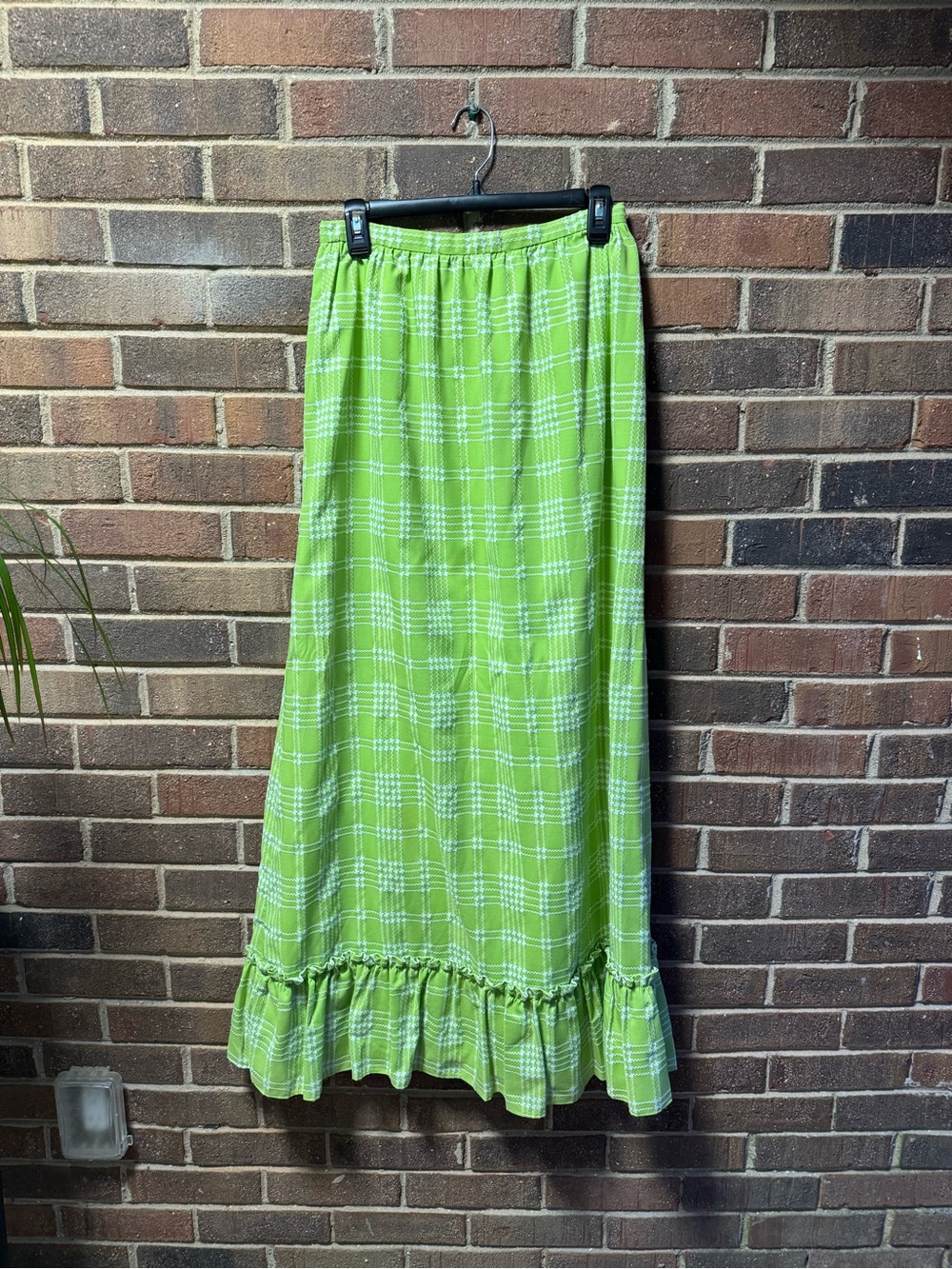 Bright Green Plaid Maxi Skirt with Ruffle Hem